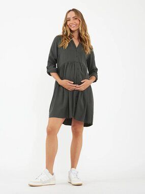 New Ripe Maternity Demi Tencel Olive Button-Front Babydoll Dress Medium